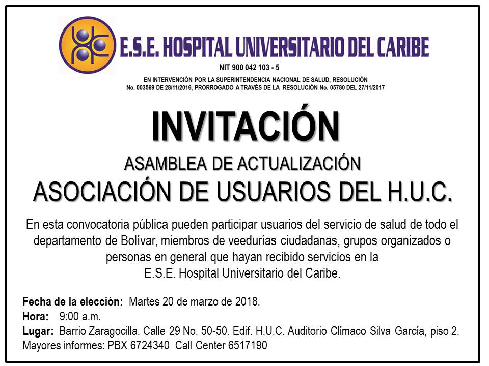 Invitación a asamblea de actualización de asociación de usuarios del HUC